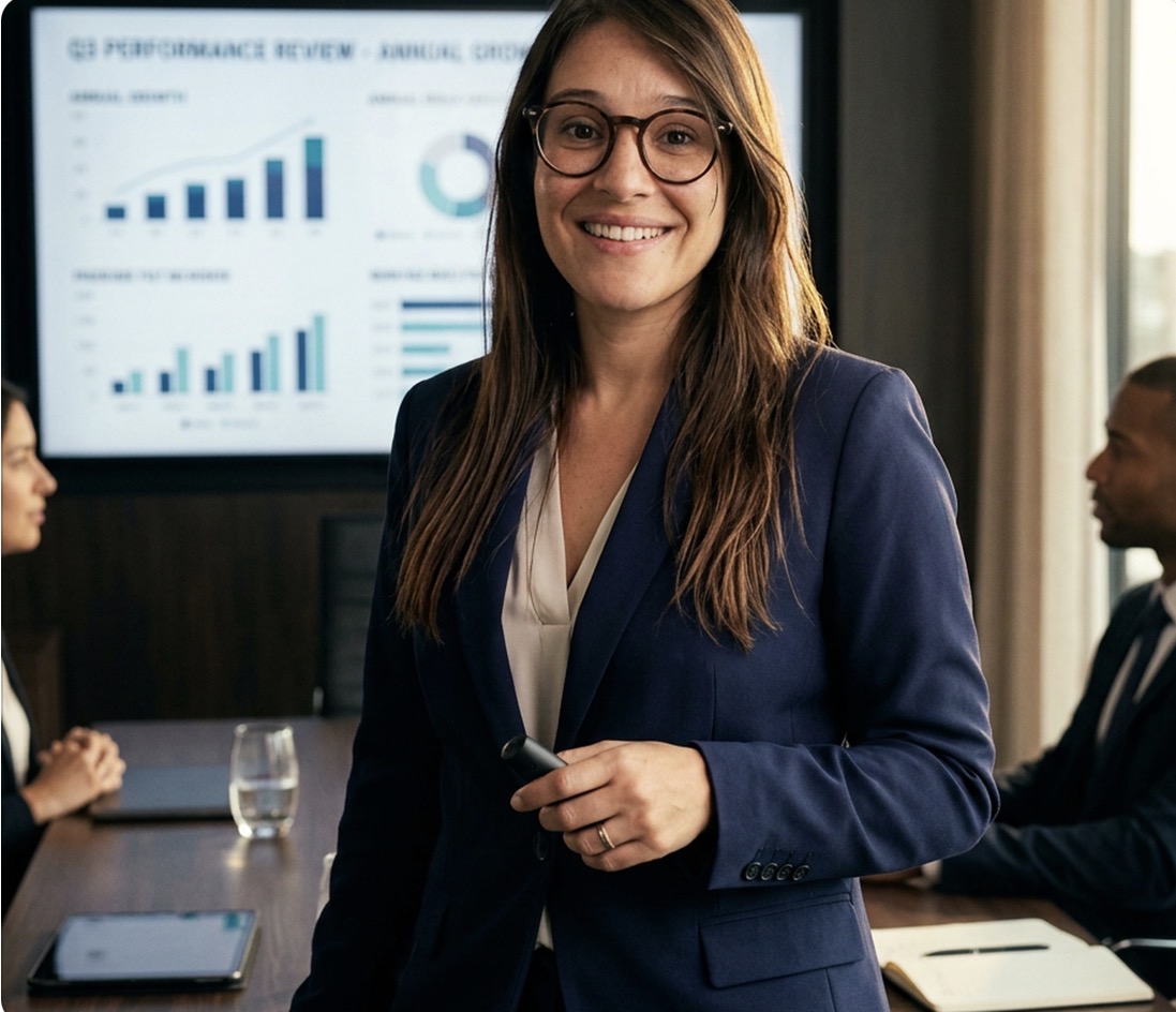 Iohana Ruiz, mentora de inglês para o trabalho, sorrindo em uma reunião corporativa