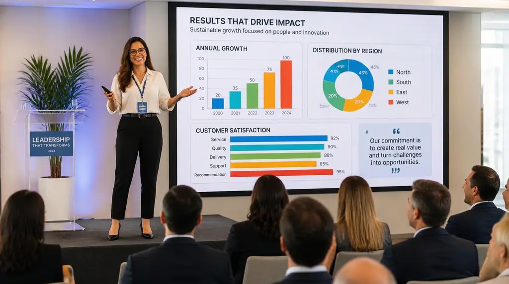 Profissional apresentando resultados em inglês para uma plateia corporativa