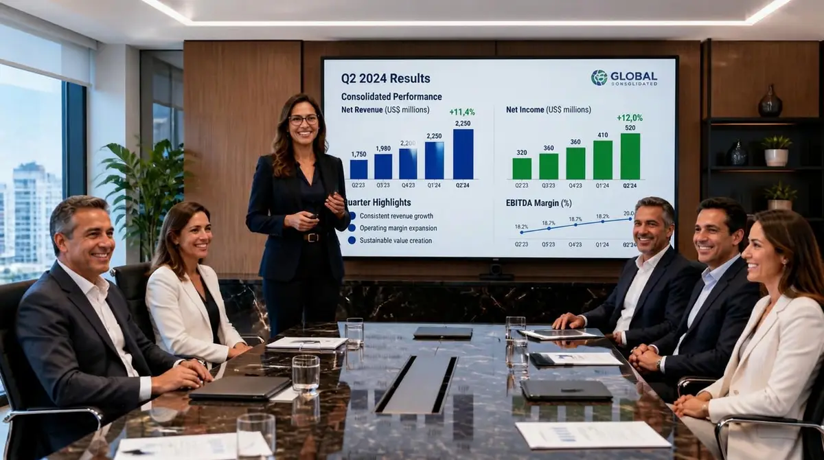 Executiva apresentando resultados trimestrais em board meeting com diretores C-level