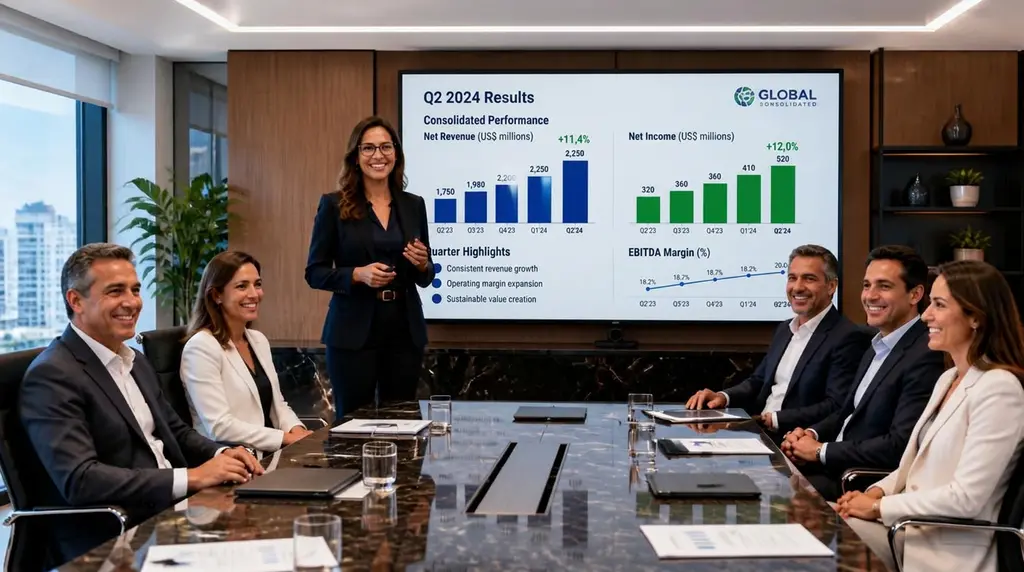 Executiva apresentando resultados trimestrais em board meeting com diretores C-level