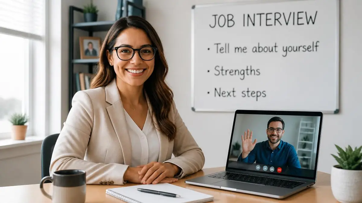 Candidata sorridente em entrevista de emprego em inglês por videochamada com recrutador