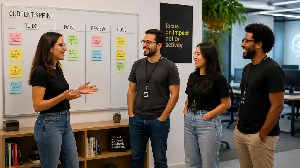 Time de tecnologia em daily meeting em inglês diante de um quadro kanban