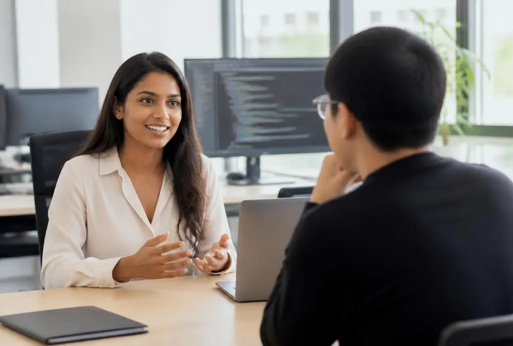 Jovens profissionais em uma entrevista de emprego em inglês em um escritório moderno