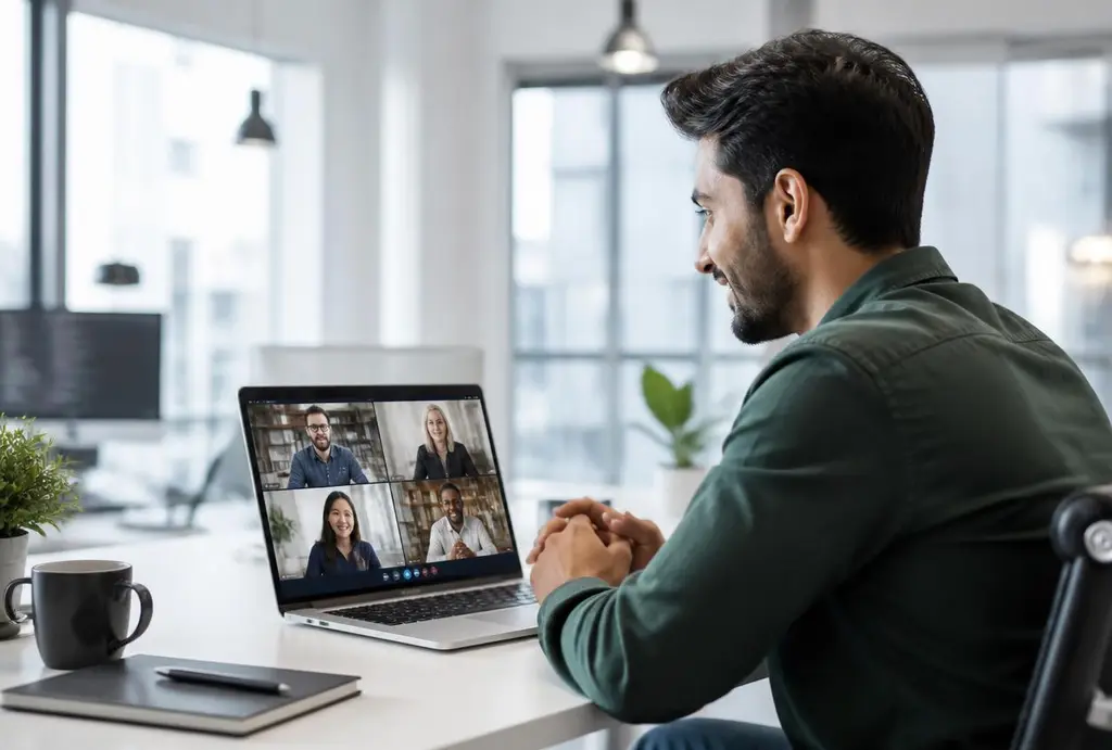 Jovem profissional em entrevista de emprego por vídeo com recrutadores de uma empresa internacional