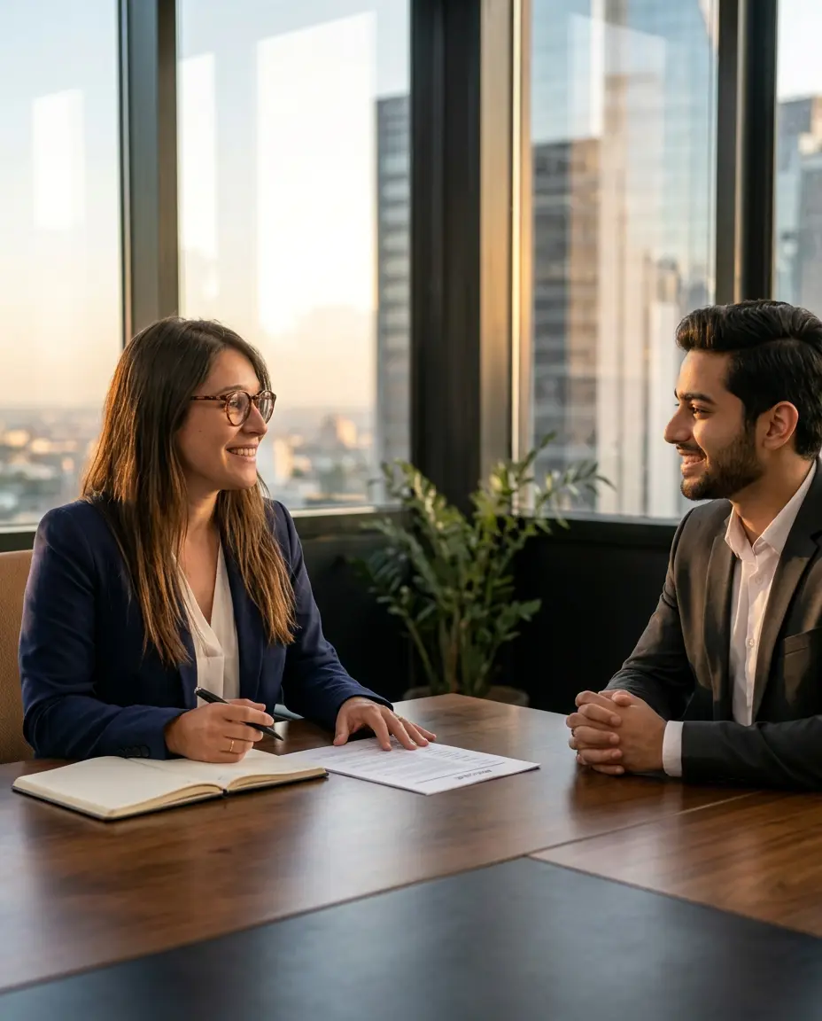 Candidato apertando a mão de recrutadores durante entrevista de emprego em inglês