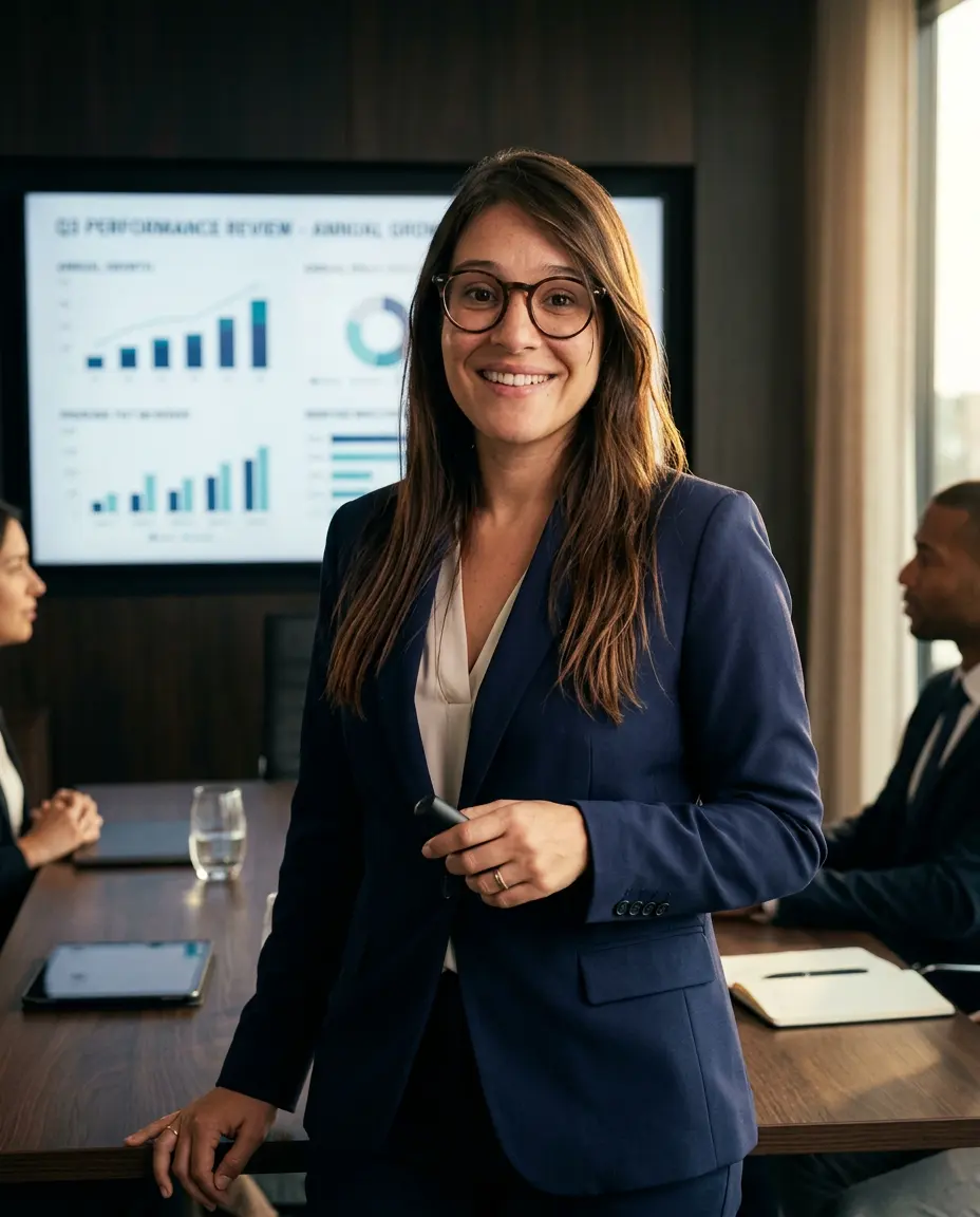 Mentora Iohana Ruiz, especialista em inglês para executivos, apresentando gráficos de resultados em inglês numa reunião corporativa