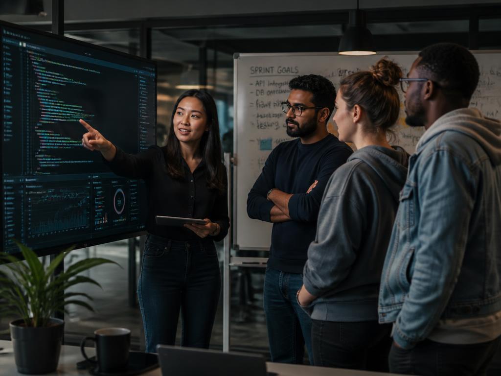 Time de tecnologia em reunião discutindo sprint em inglês