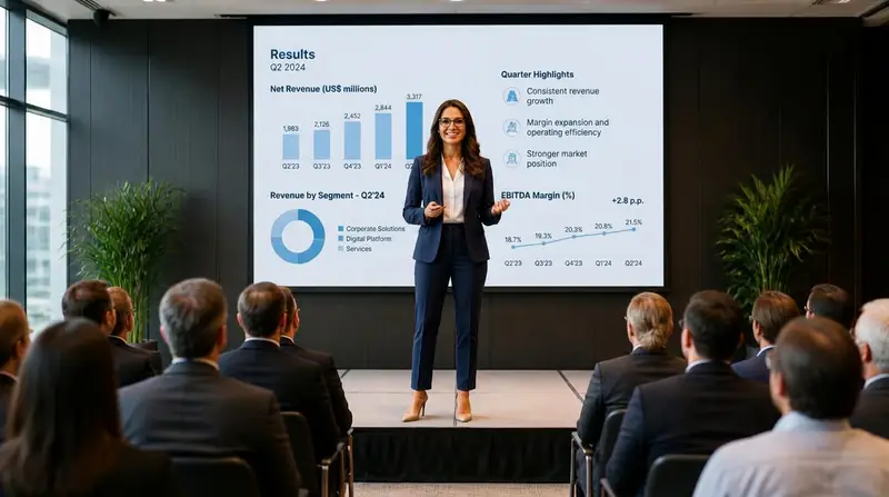 Executiva fazendo apresentação em inglês para a equipe
