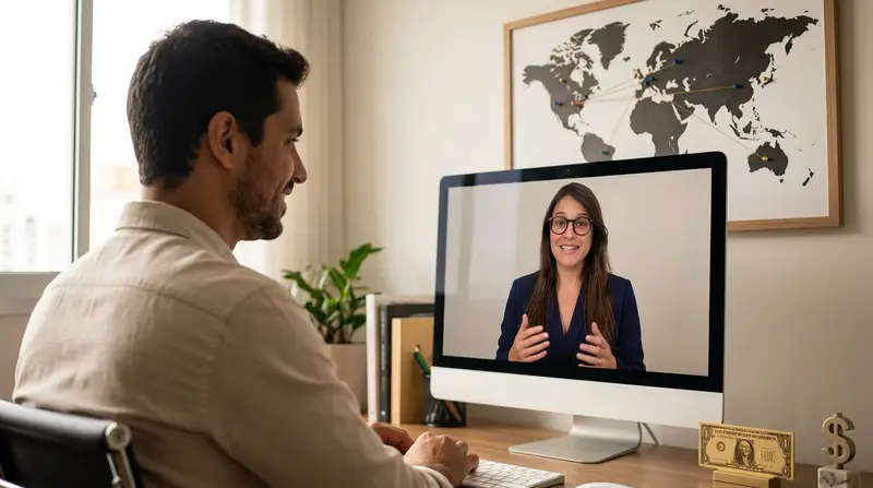 Homem em home office assistindo aula da mentora Iohana Ruiz, com mapa-múndi e cédula de dólar ao lado